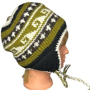 Wool Earflap Beanie Hat Fleece Lined Green‎ Black Fair Isle Knit Made in Nepal